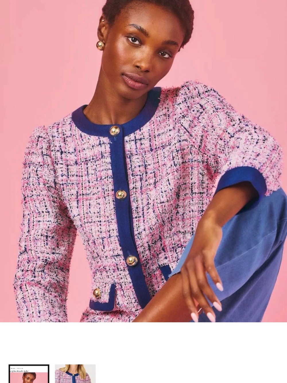 Lilly Pulitzer Pink Tweed Jacket with Navy Trim and Gold Buttons
